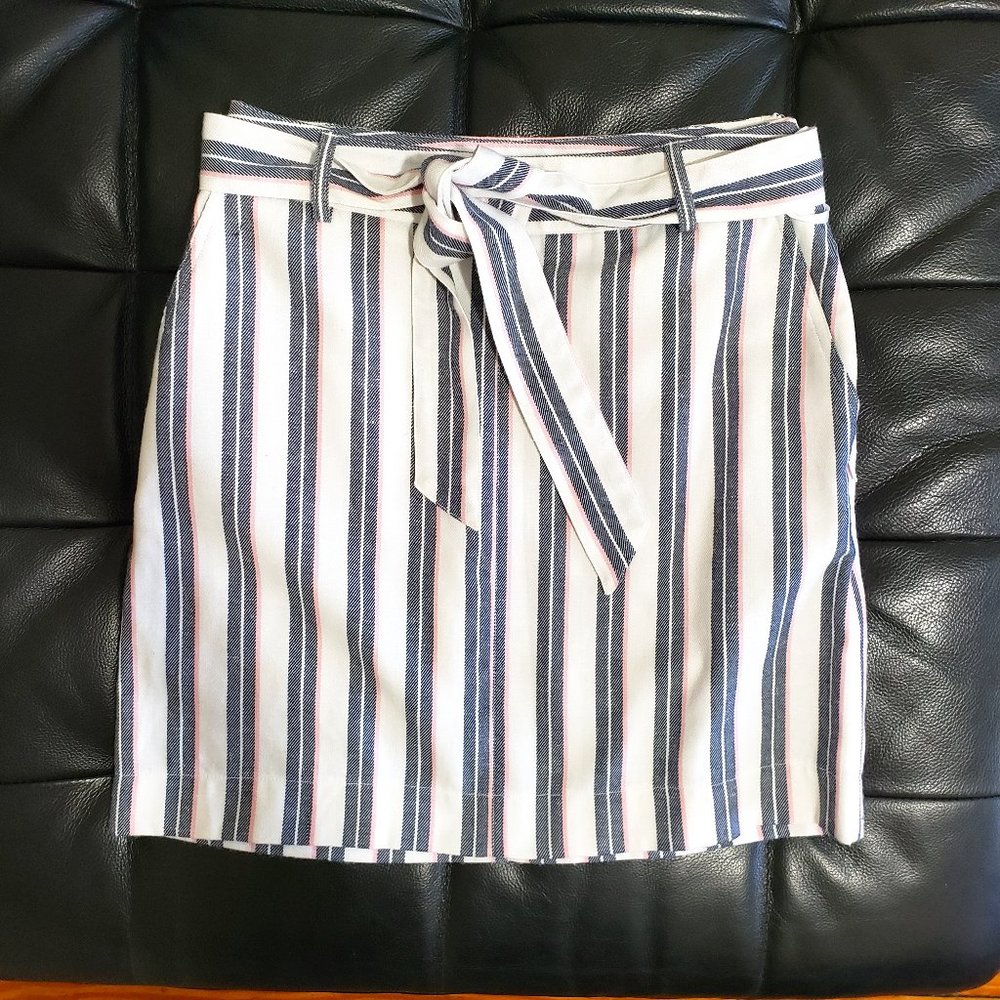 white navy blue pink stripe mini tie wrap skirt